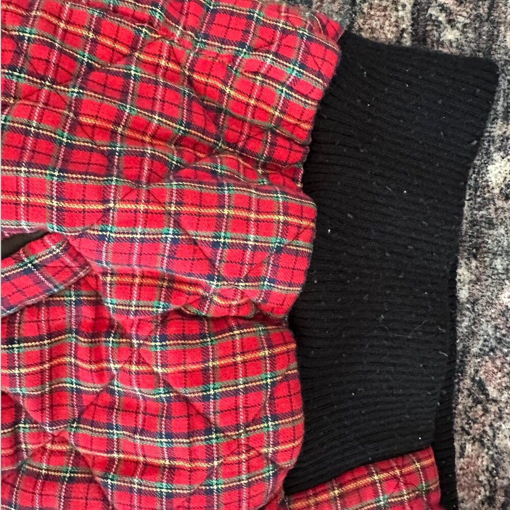 Betsey Johnson, a 1990s quilted, plaid bomber jacket with black trim